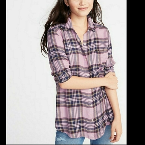 Old Navy The Classic Shirt Flannel Button Shirt Women's Small S Pink Black EUC - Picture 1 of 5